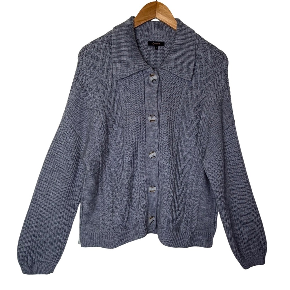 Quince Merino Wool Cardigan Women S Heather Grey Good Collared Cable Knit